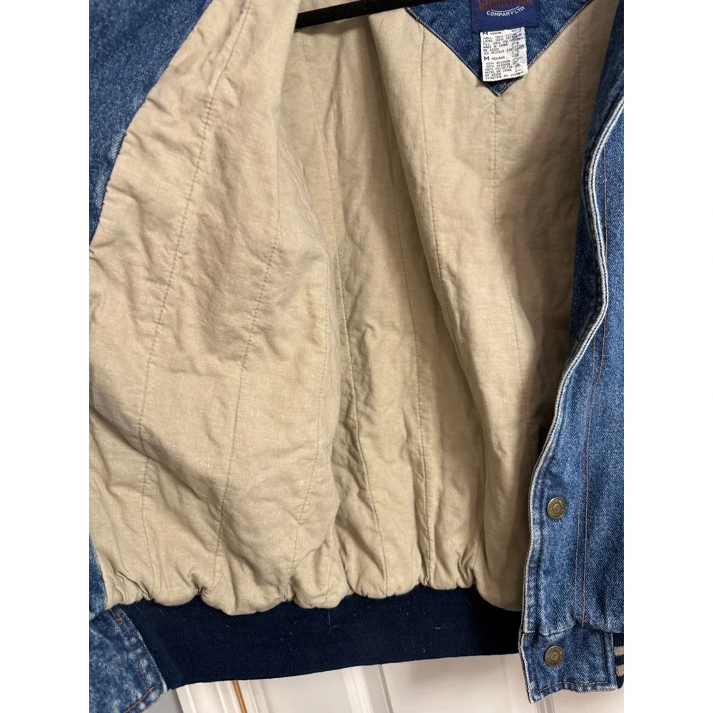 Vtg 90s Saugatuck Co Blue Denim Tan Canvas Hood Varsity Bomber Jacket Mens Med - Picture 6 of 10
